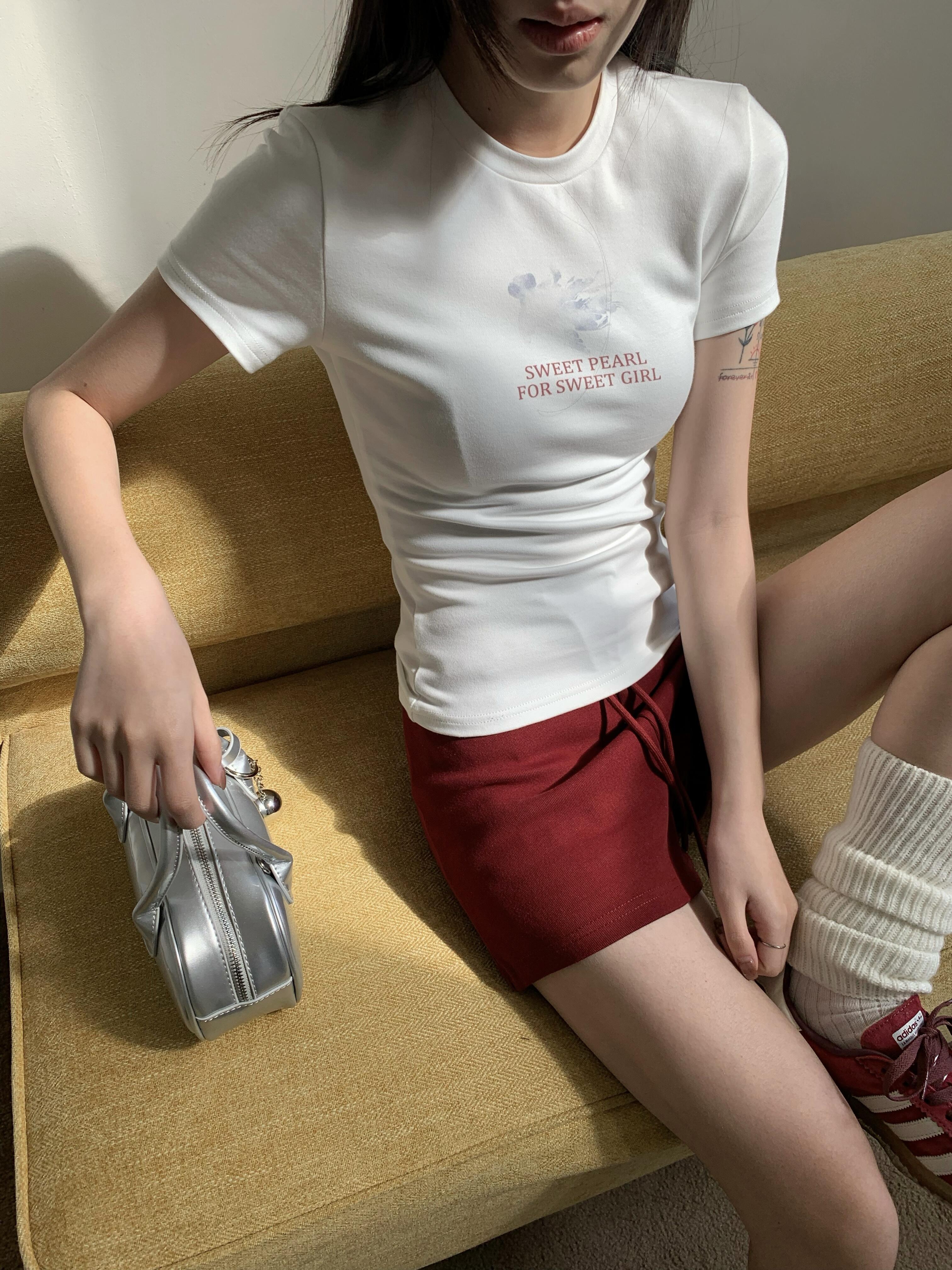 Korean Style Ink Wash Printed Short-Sleeve Fitted Slim Pure Cotton High-Stretch Trendy T-Shirt for Women