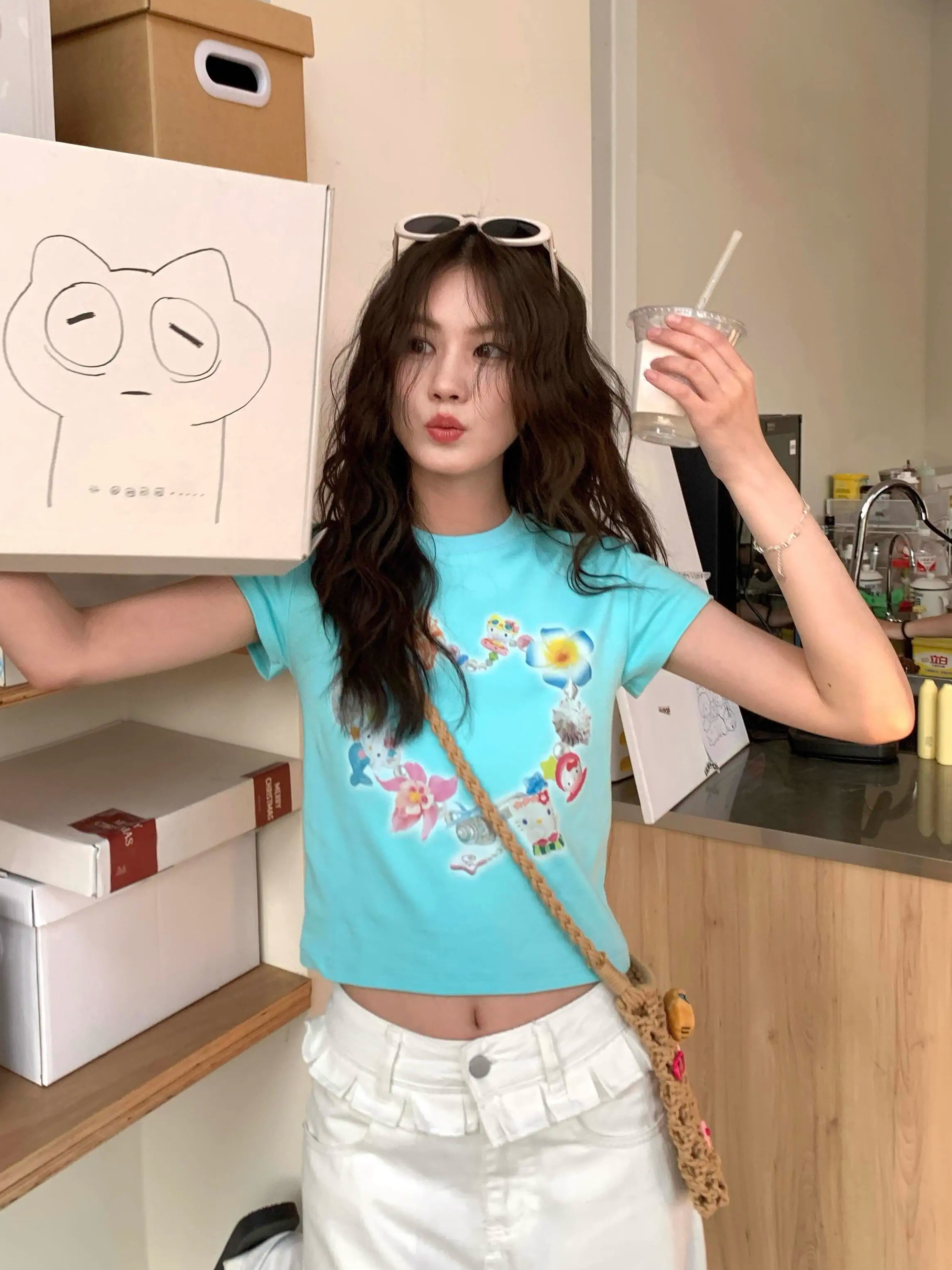 Korean Style Kitty Collar Printed Short Slim-Fit Cotton Short Sleeve Top for Sweet Girls