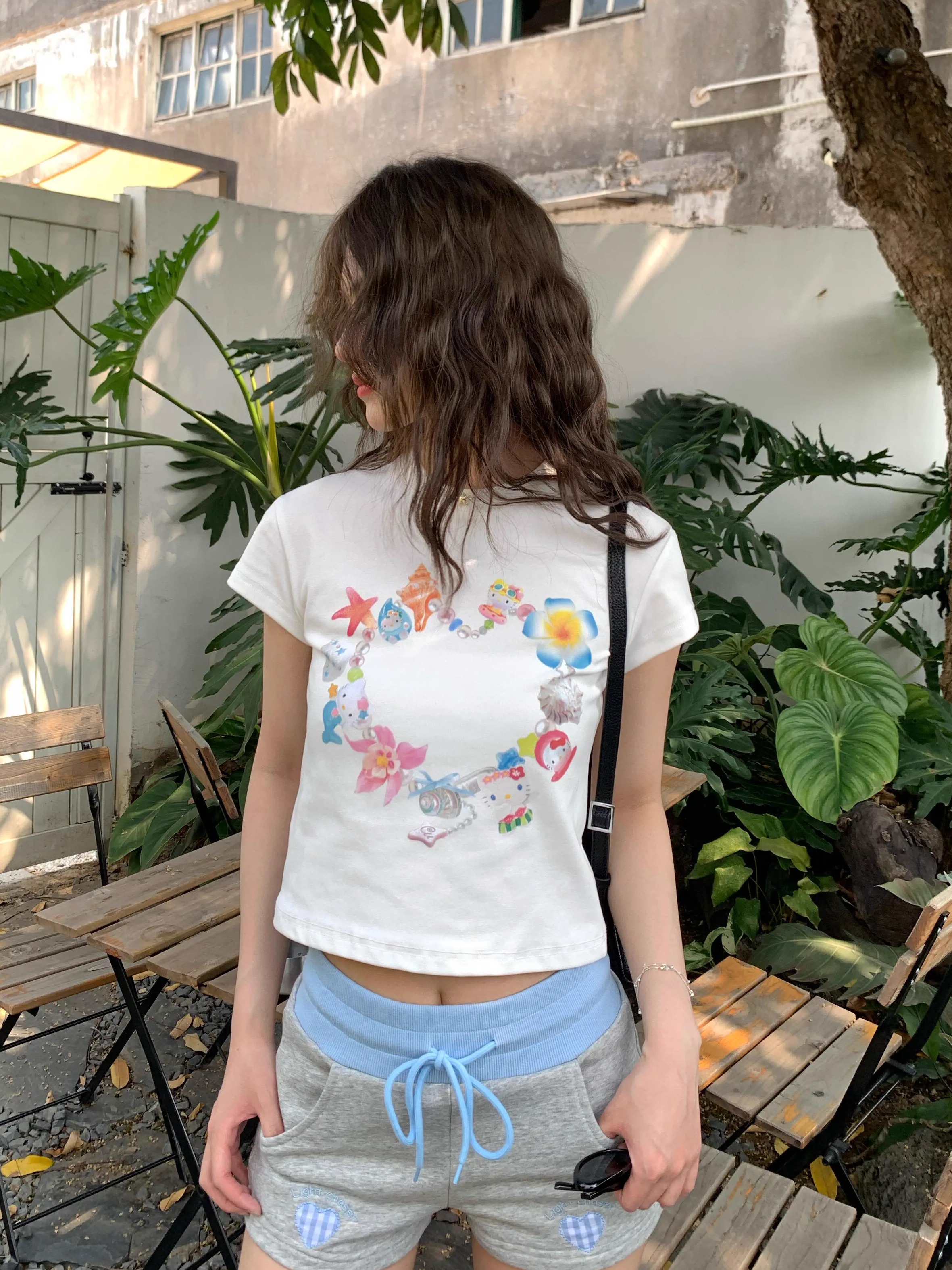 Korean Style Kitty Collar Printed Short Slim-Fit Cotton Short Sleeve Top for Sweet Girls