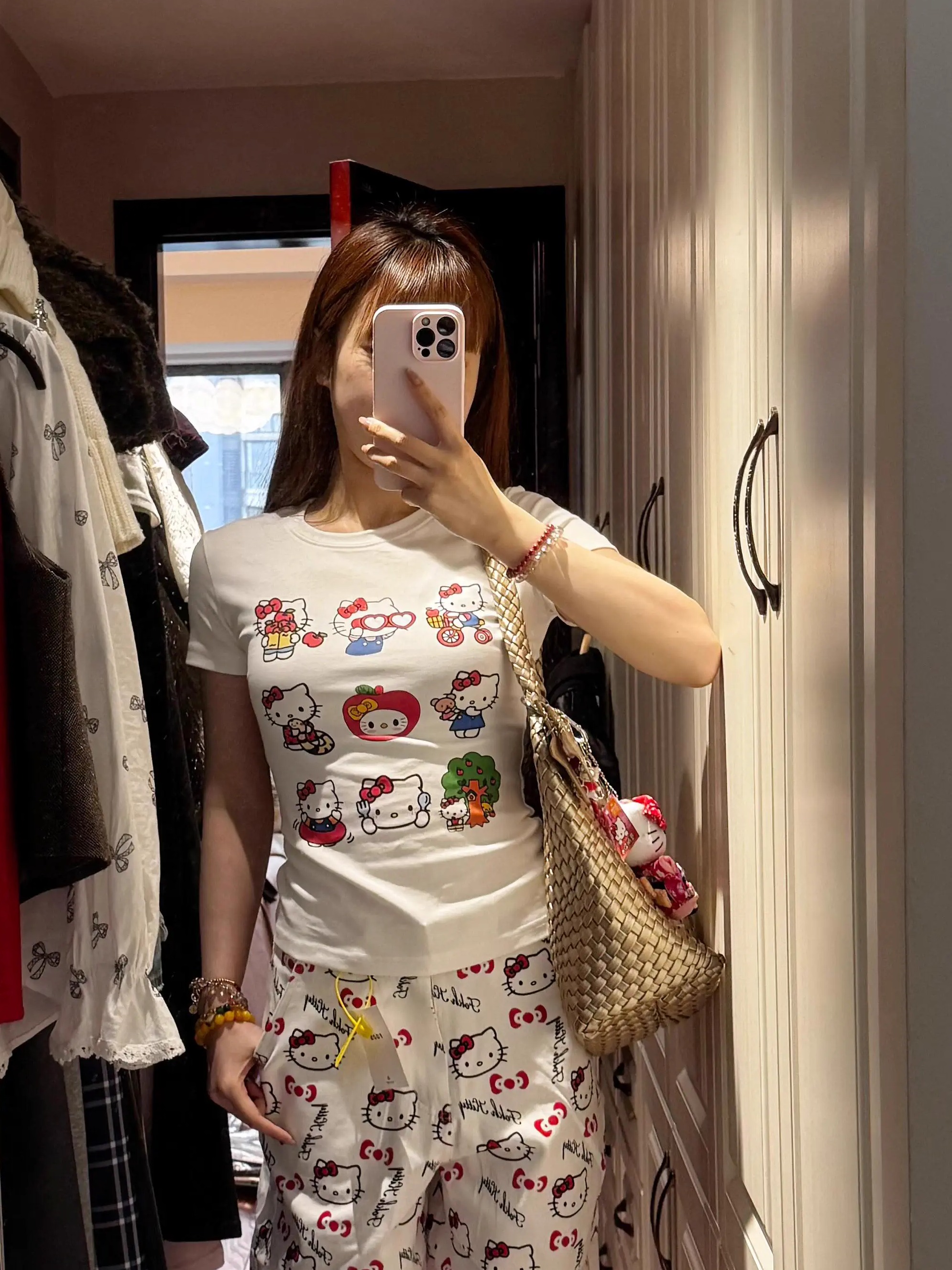 Korean Style Kitty Paradise Printed Short Sleeve Top - Fitted Slim Pure Cotton High-Stretch Sweet Girl Tee