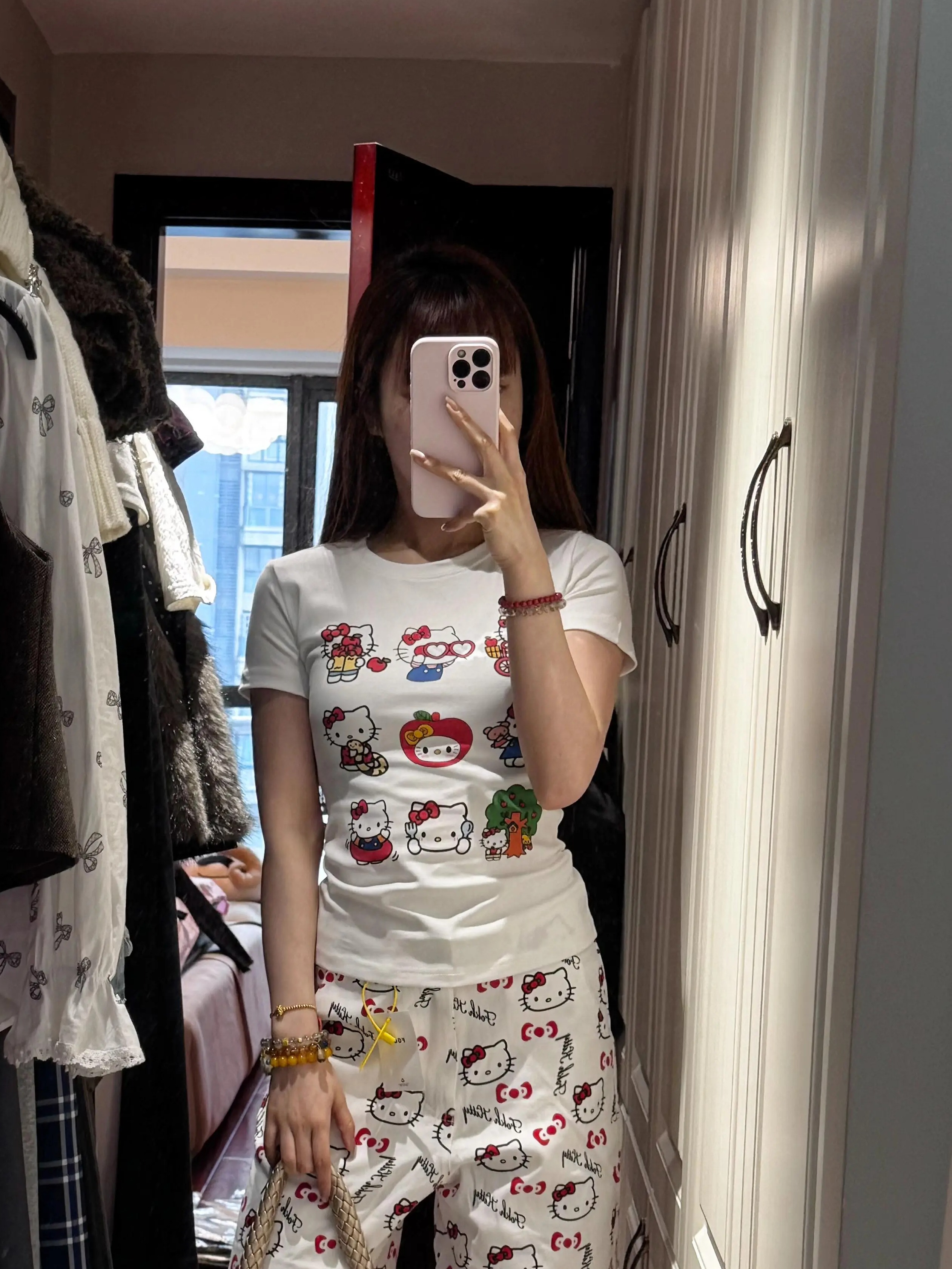Korean Style Kitty Paradise Printed Short Sleeve Top - Fitted Slim Pure Cotton High-Stretch Sweet Girl Tee