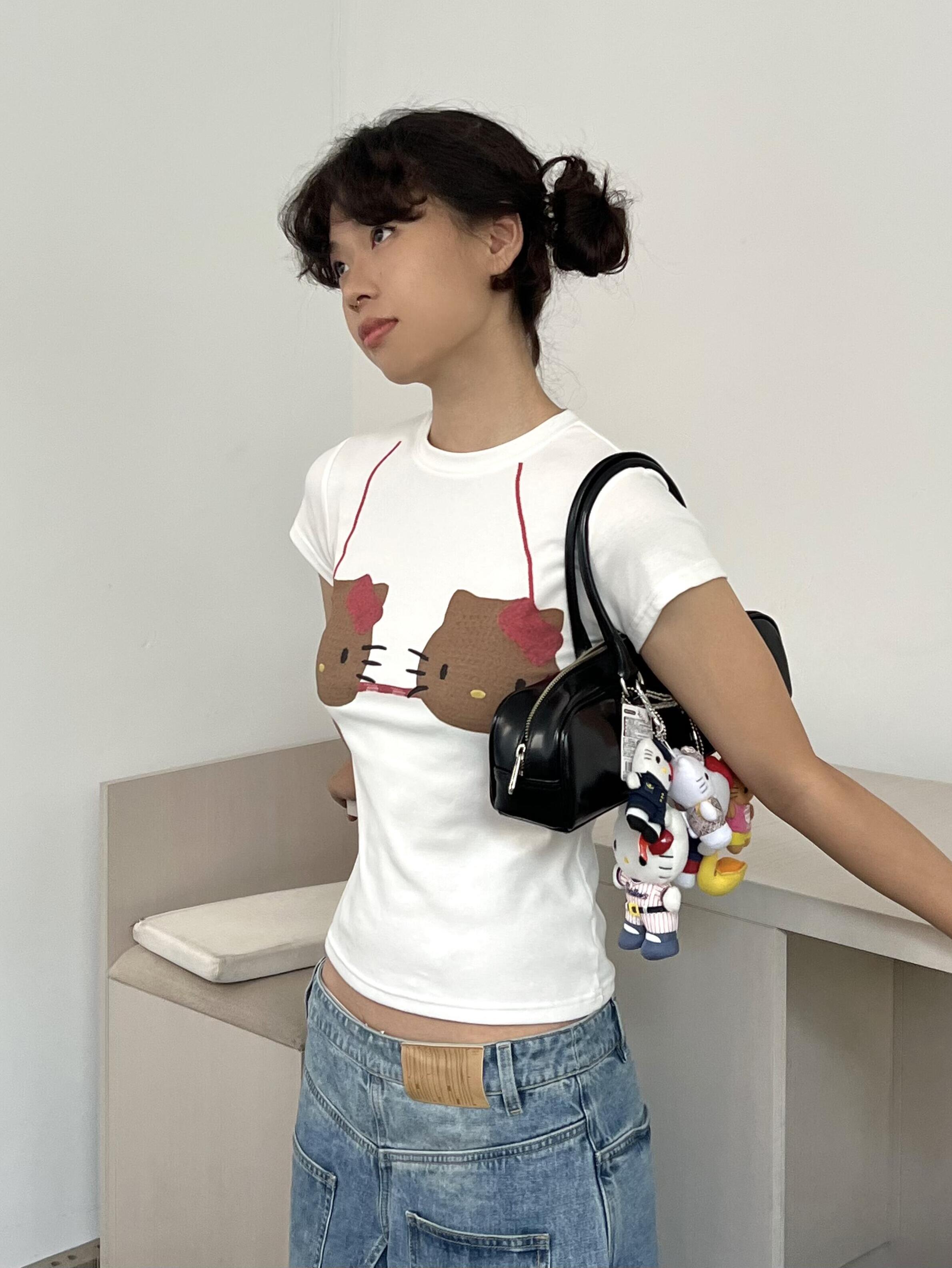Korean Style Kitty-Themed Printed Short Sleeve Slim-Fit Cotton Top for Women - Sweet and Cool Age-Reducing Design