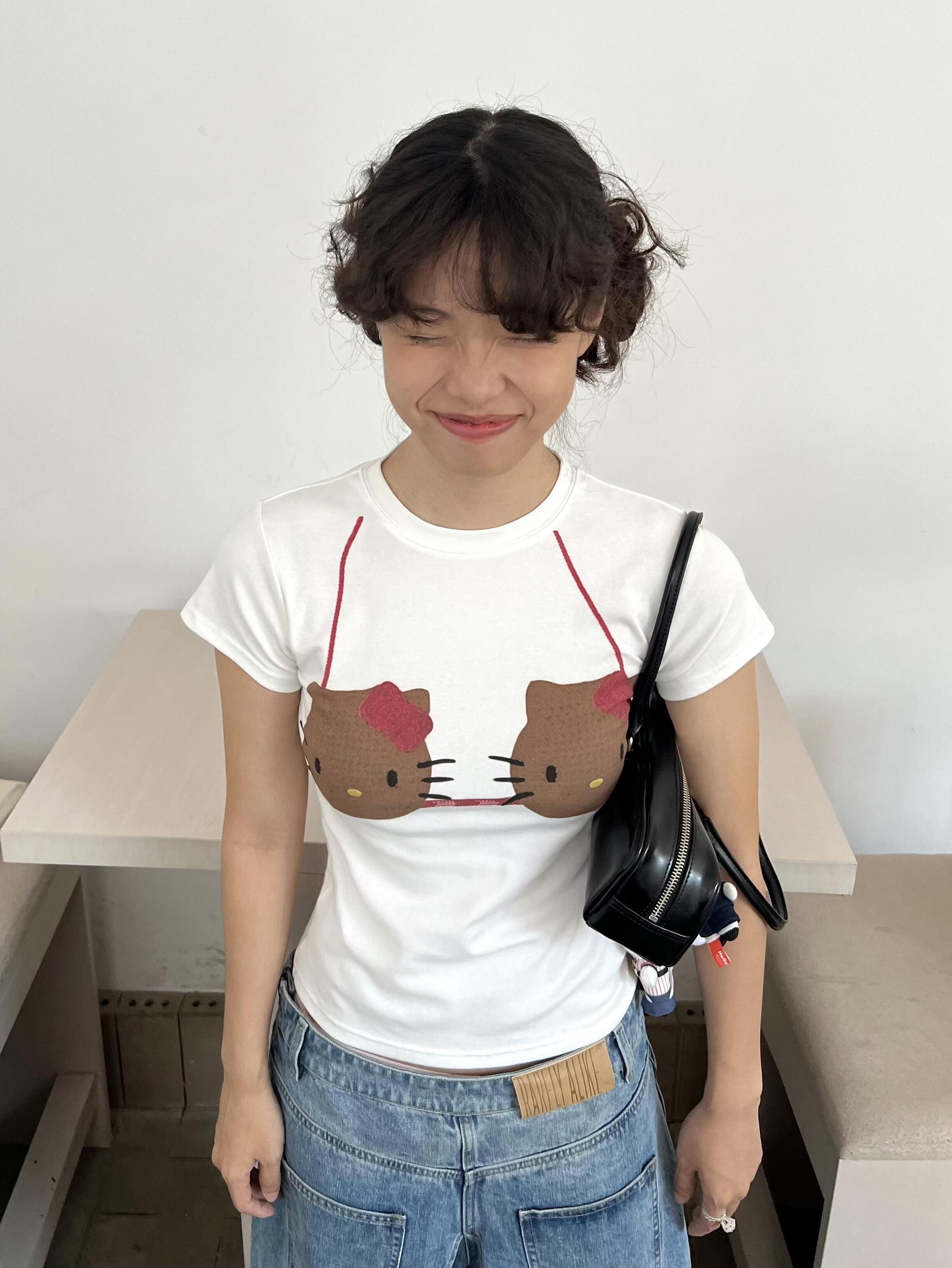 Korean Style Kitty-Themed Printed Short Sleeve Slim-Fit Cotton Top for Women - Sweet and Cool Age-Reducing Design