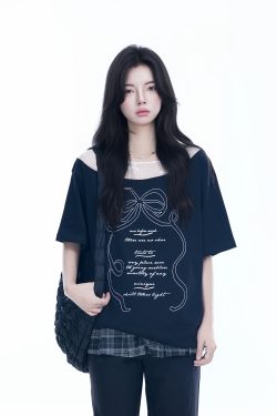 Korean-Style Lace Spliced Off-Shoulder Short Sleeve T-Shirt for Women – Loose Fit, Sweet Design, Perfect for Casual Y2K Fashion