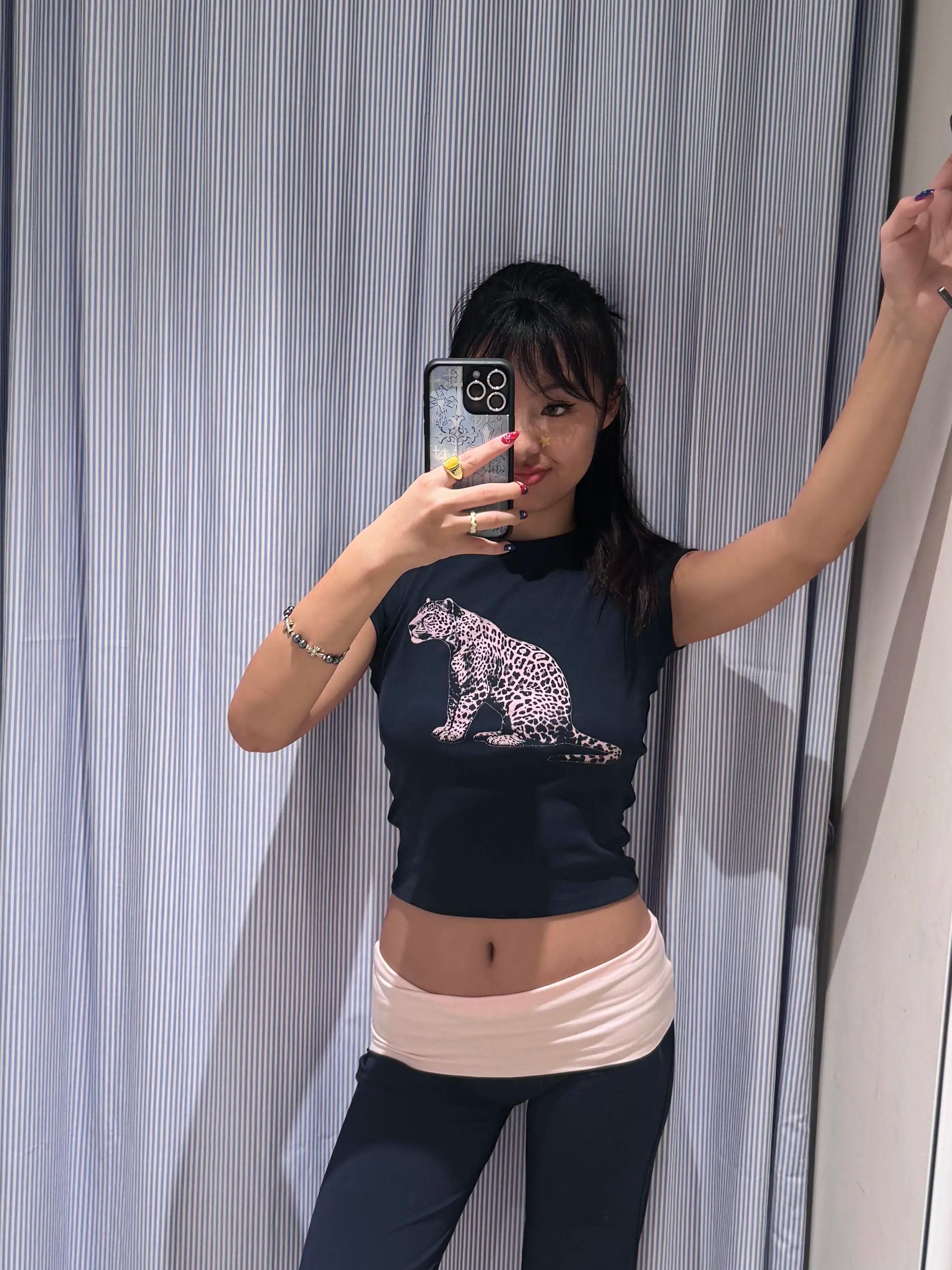 Korean Style Leopard Print Slim Fit Short Sleeve T-Shirt for Women - 25SS Pure Cotton Round Neck Top