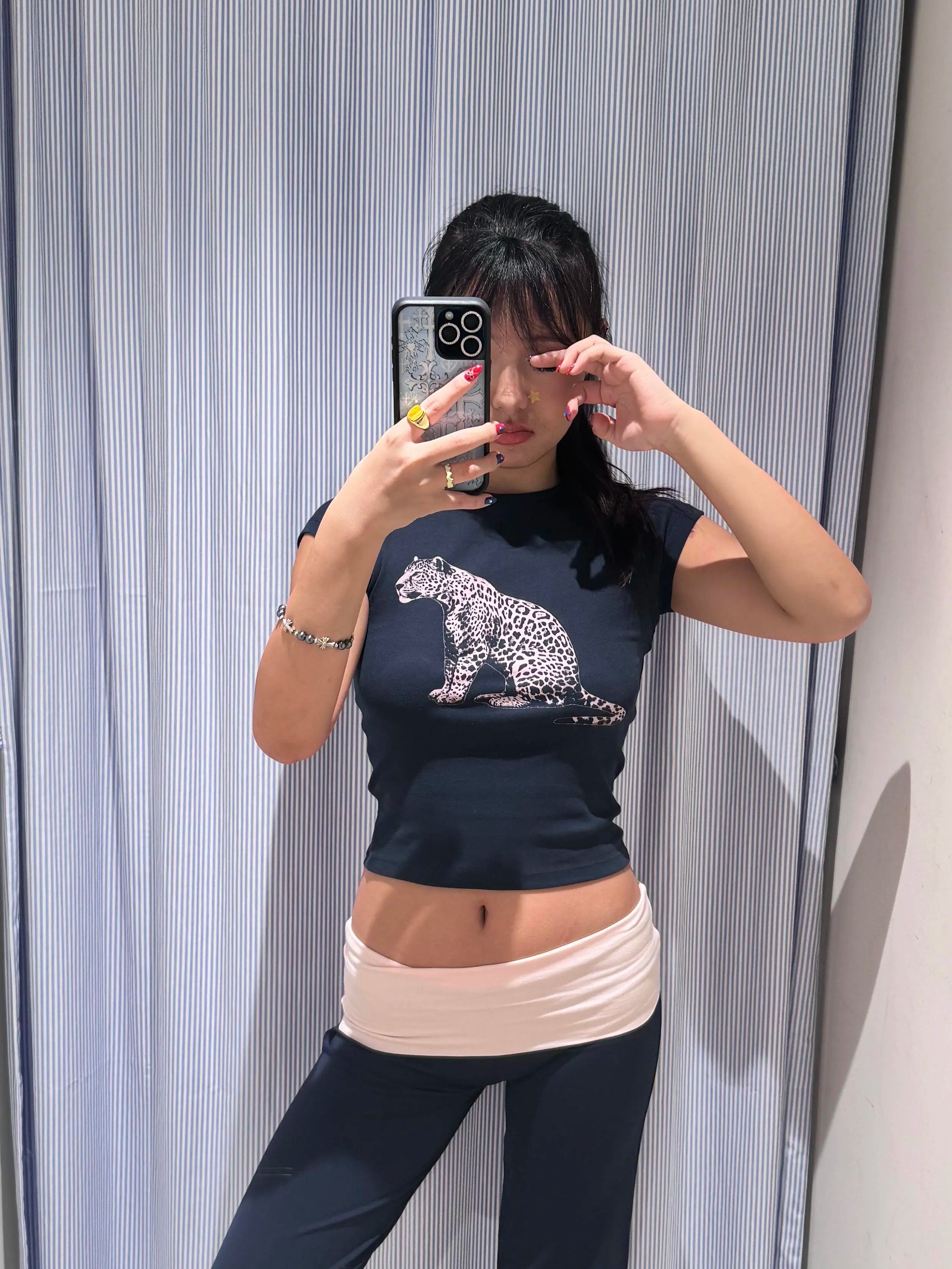 Korean Style Leopard Print Slim Fit Short Sleeve T-Shirt for Women - 25SS Pure Cotton Round Neck Top