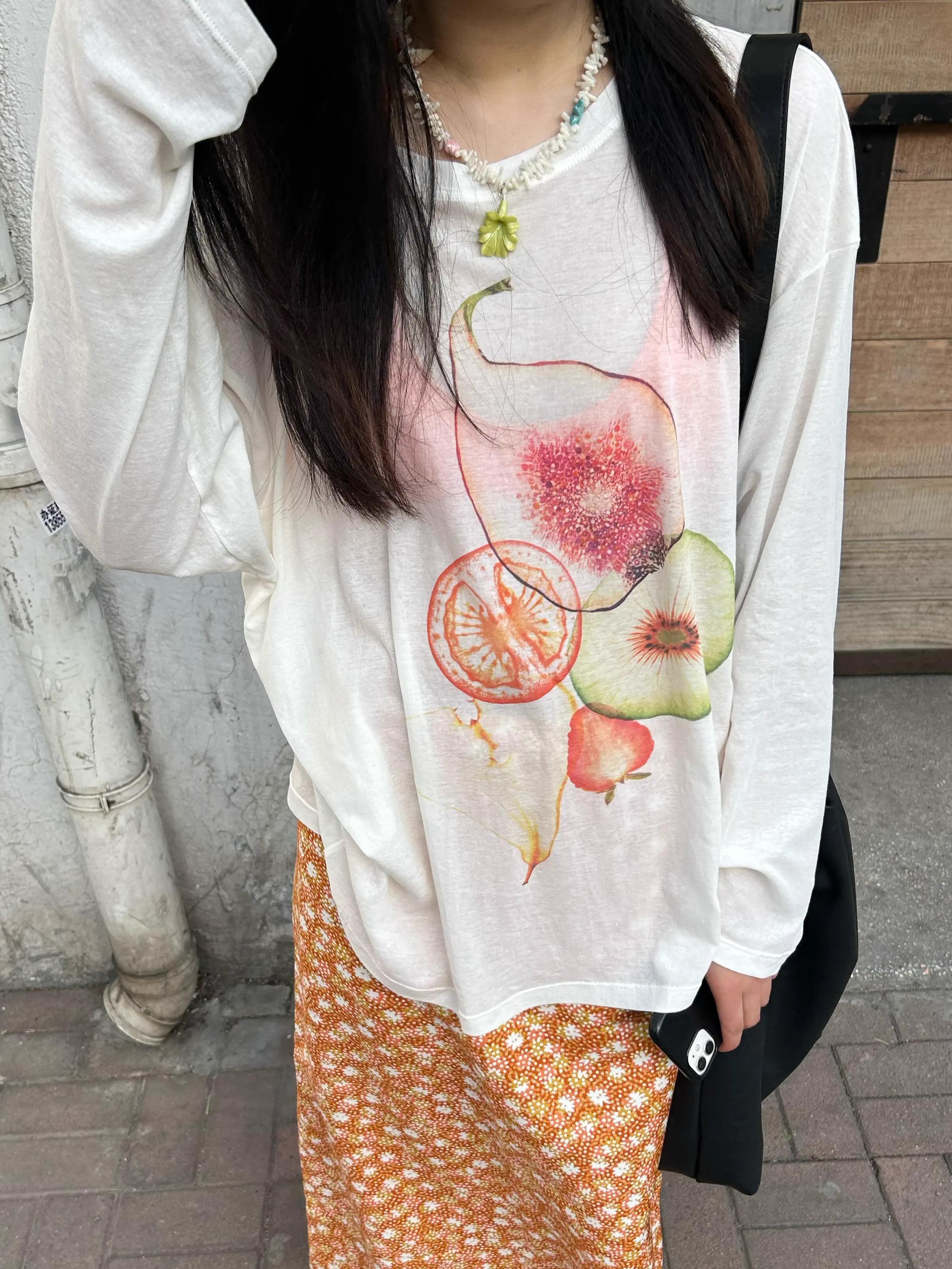 Korean Style Minimalist Fruit Slice Print Long Sleeve Sun Protection T-Shirt for Women - Lightweight Cotton Cover-Up