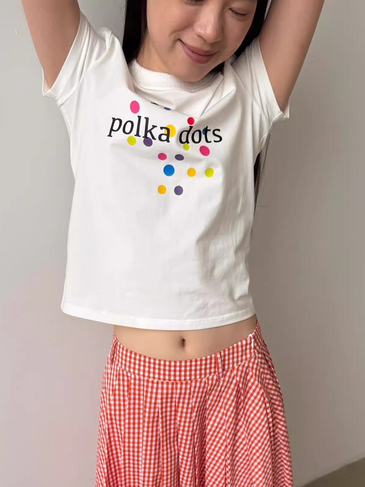 Korean Style Minimalist Polka Dot Color-Block Heart Print Short Sleeve Fitted Cotton T-Shirt for Women