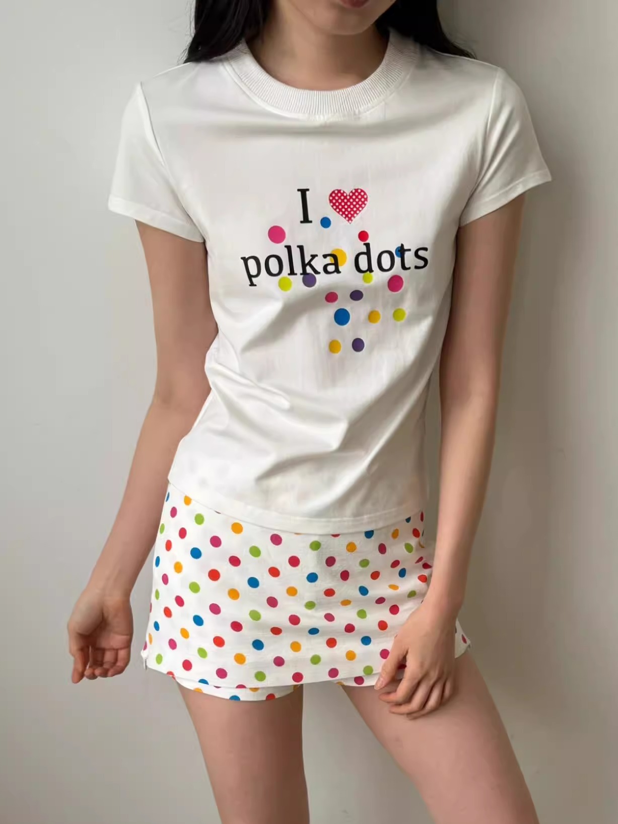 Korean Style Minimalist Polka Dot Color-Block Heart Print Short Sleeve Fitted Cotton T-Shirt for Women