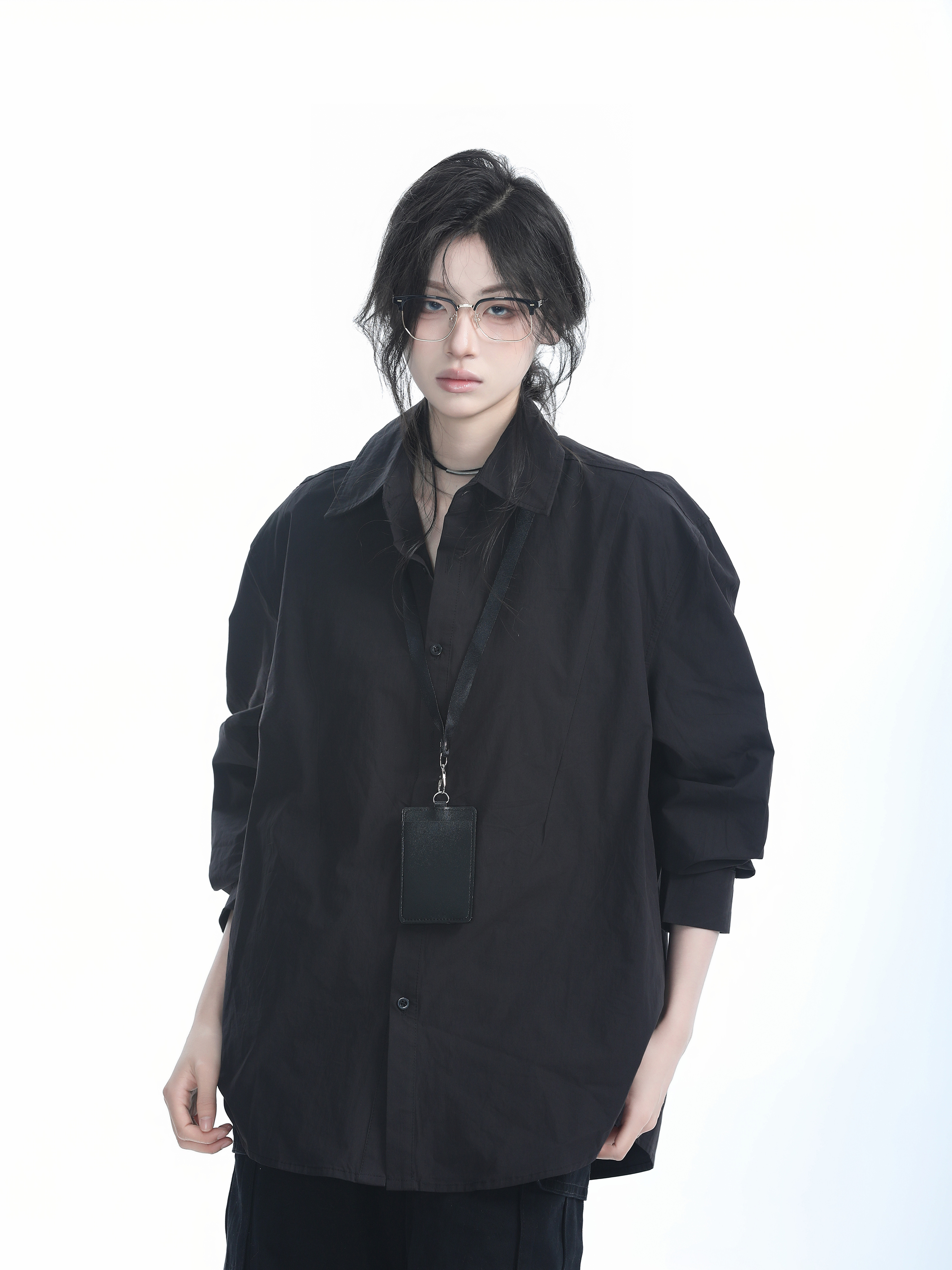 Korean Style Oversized Black Long Sleeve Shirt for Women - High-End Casual Autumn Top with "Sit and Eat Until the Mountains Are Empty" Design