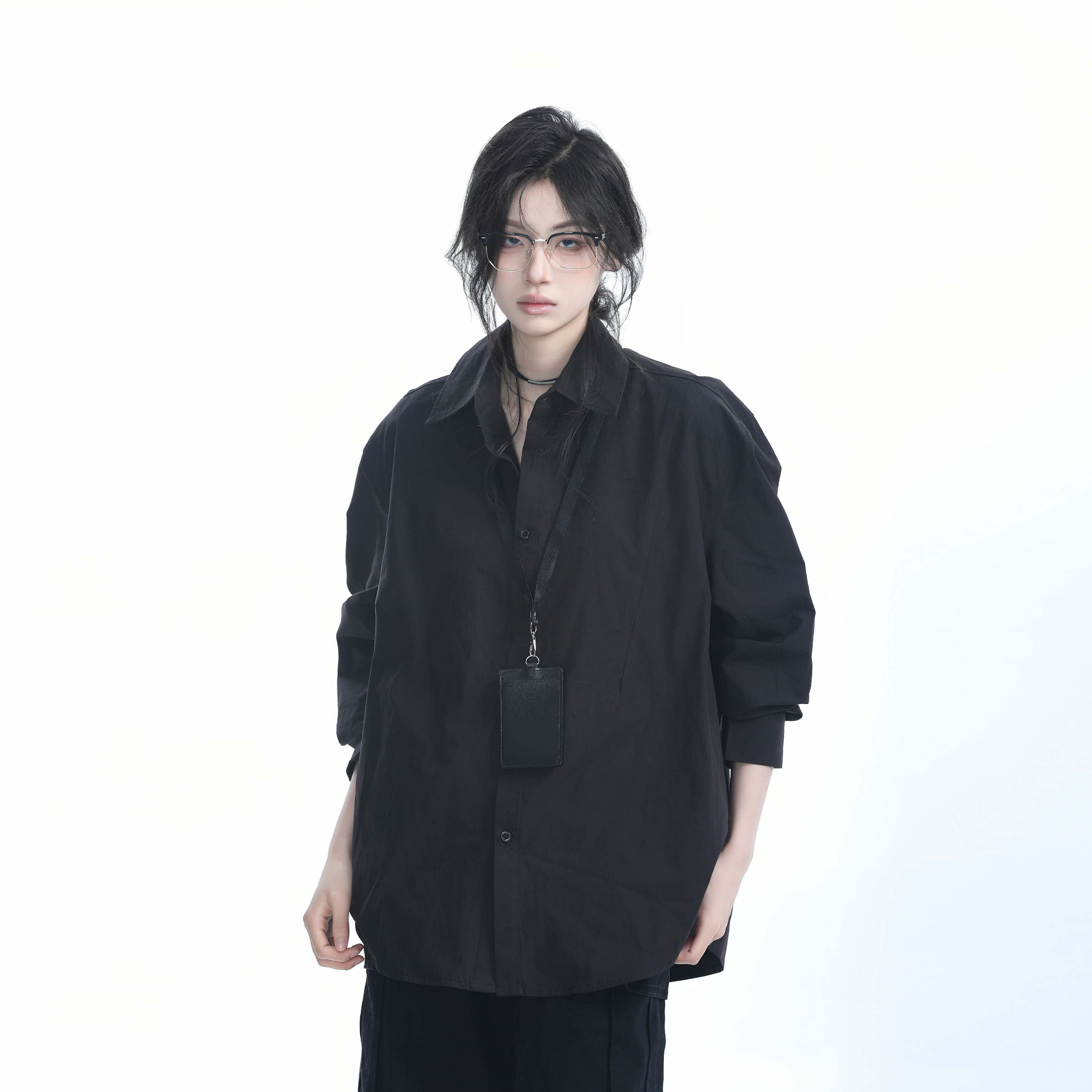 Korean Style Oversized Black Long Sleeve Shirt for Women - High-End Casual Autumn Top with "Sit and Eat Until the Mountains Are Empty" Design