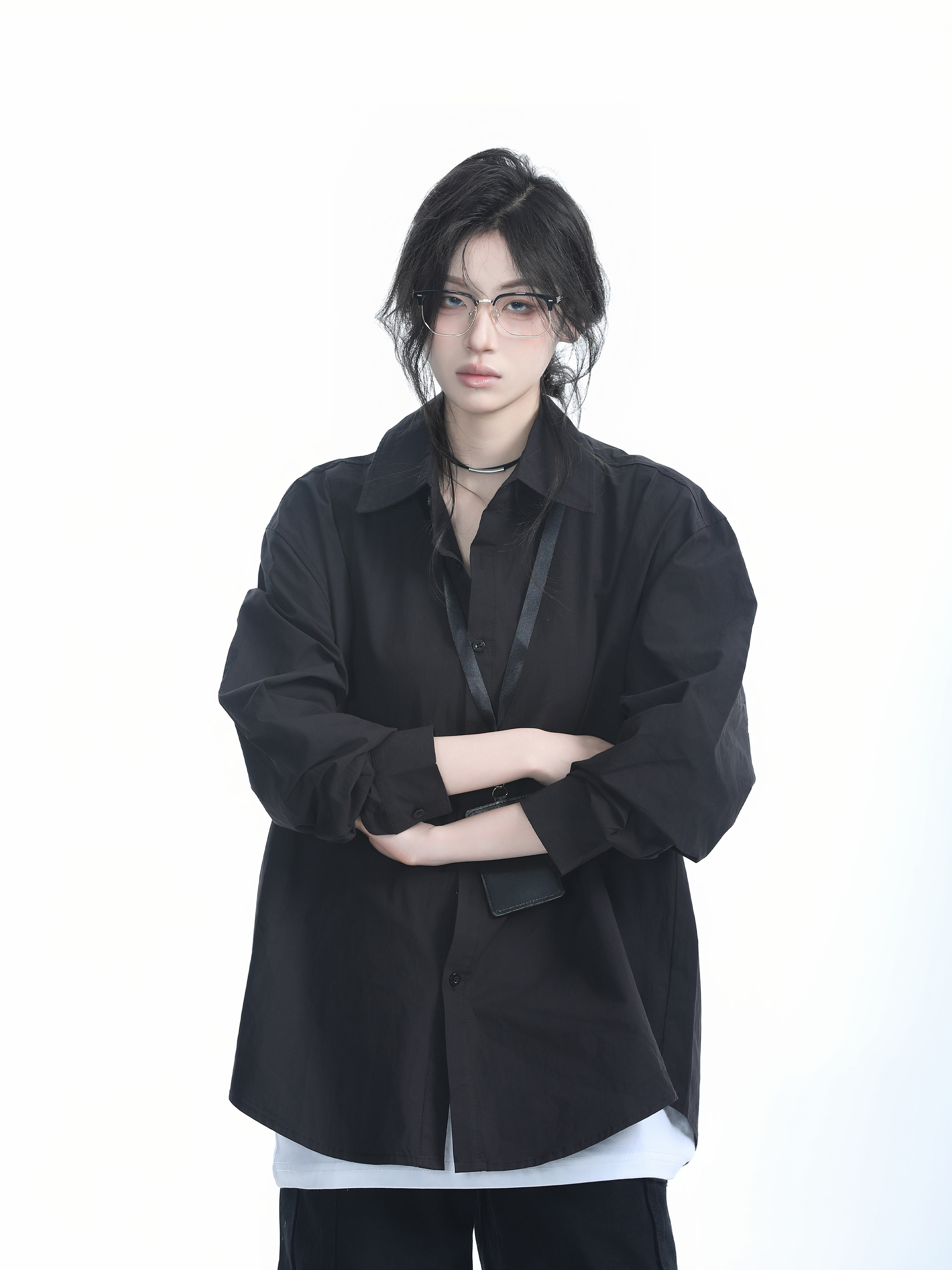 Korean Style Oversized Black Long Sleeve Shirt for Women - High-End Casual Autumn Top with "Sit and Eat Until the Mountains Are Empty" Design