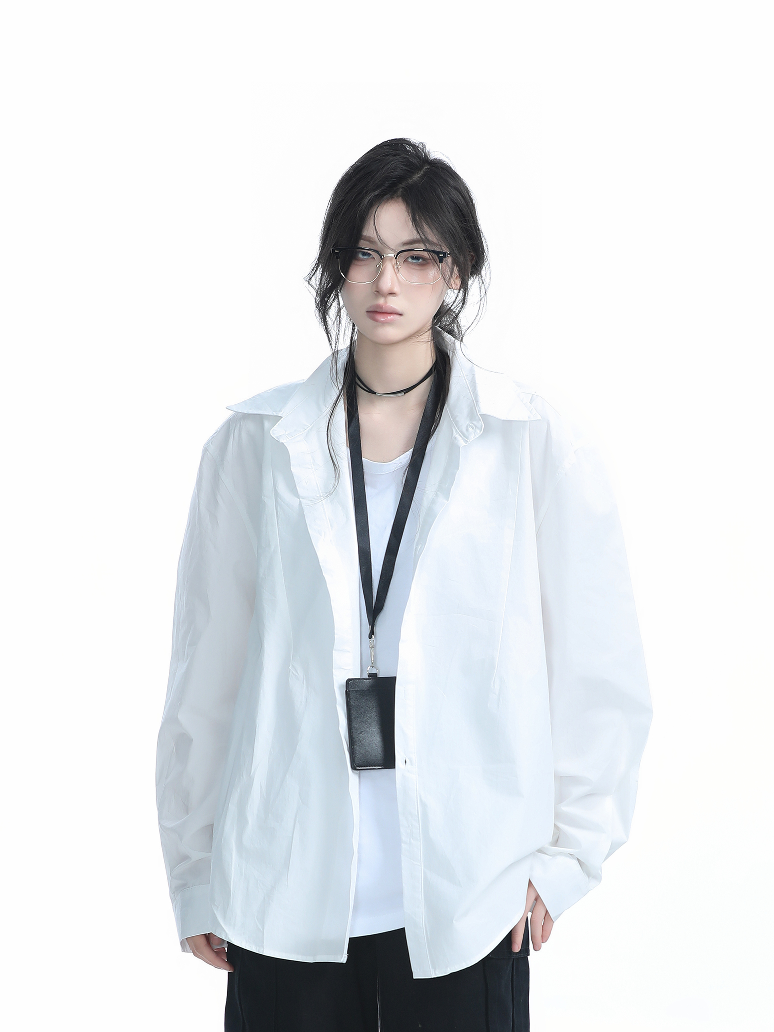 Korean Style Oversized Black Long Sleeve Shirt for Women - High-End Casual Autumn Top with "Sit and Eat Until the Mountains Are Empty" Design