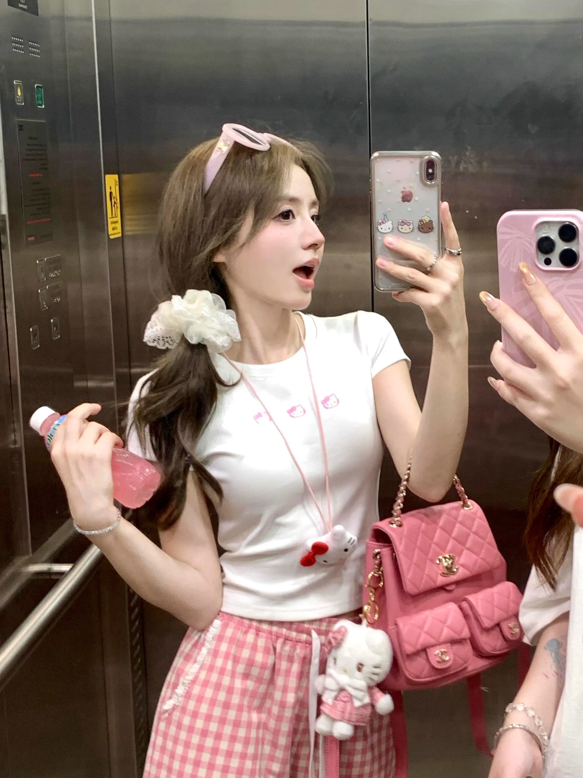 Korean Style Pink Kitty Cartoon Print Fitted Slim High-Stretch Short Sleeve T-Shirt in Pure Cotton for Trendy Casual Wear