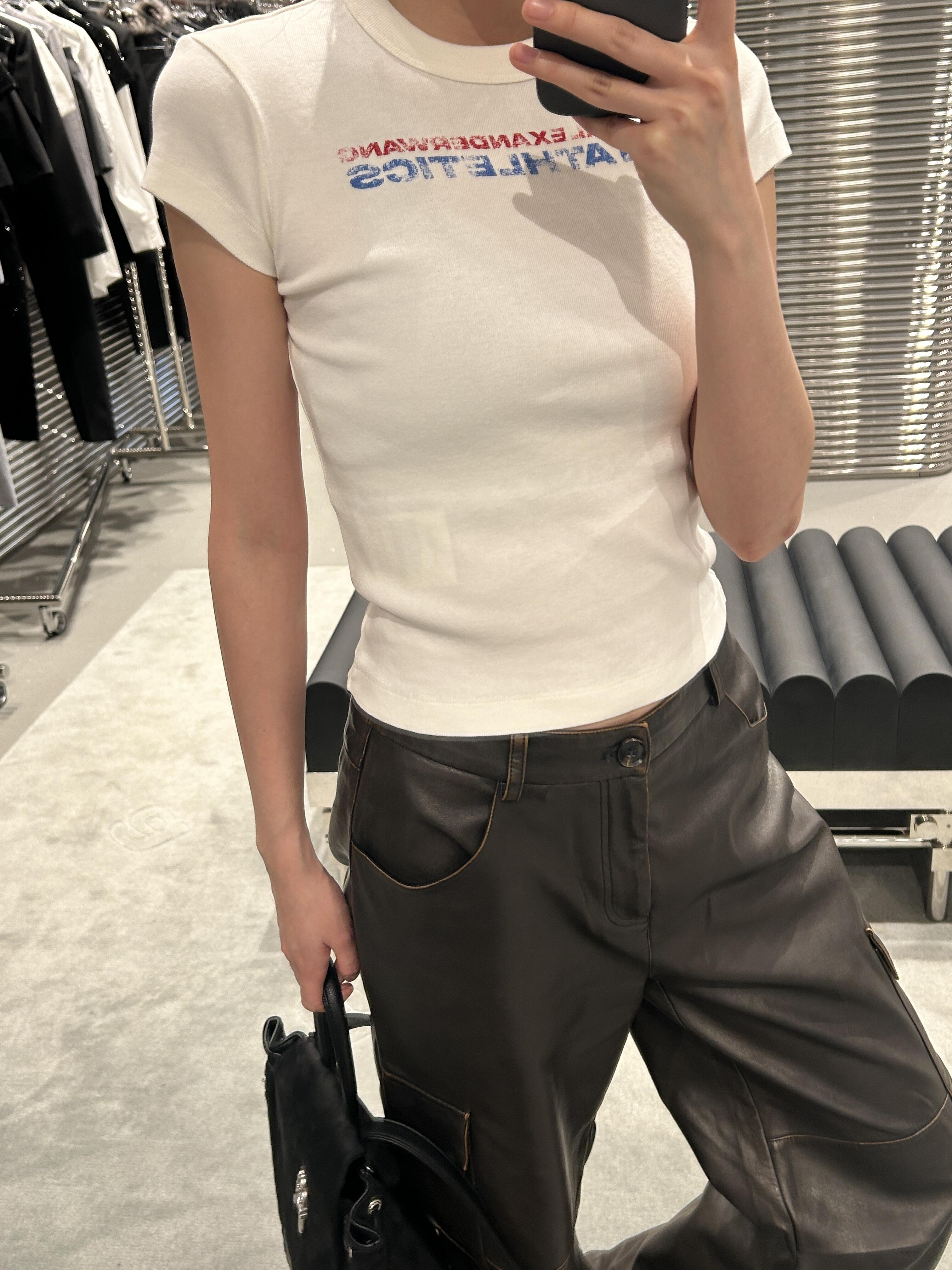 Korean Style Retro Distressed Letter Print Fitted Slim Cotton Short Sleeve T-Shirt - 25SS High-Stretch Fashion Top