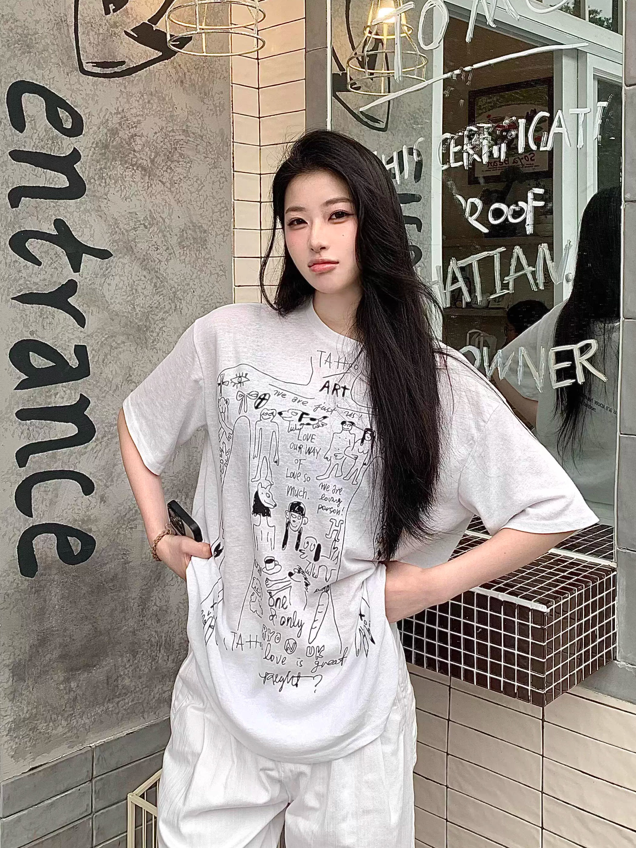 Korean Style Slightly Sheer Graffiti Print Sun Protection Loose Short Sleeve T-Shirt for Women - Casual Versatile Fashion Top