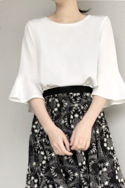 Korean Style Women's Flared Sleeve Ruffled T-shirt - Versatile Mid-Sleeve Chiffon Blouse for Everyday Wear