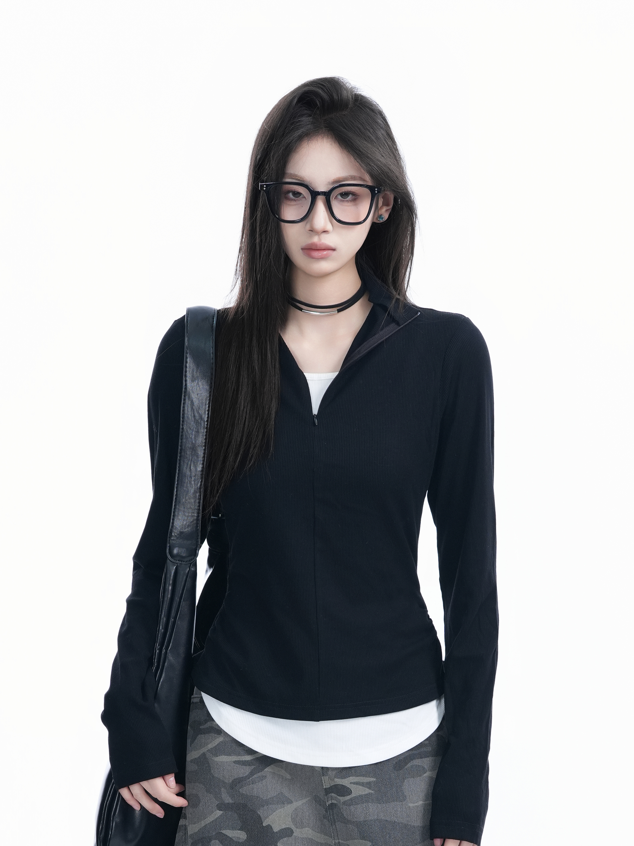 Korean Style Zipper Knitted Long Sleeve T-Shirt - Slim Fit Fake Two-Piece Design with Flattering Base for Spring Fashion