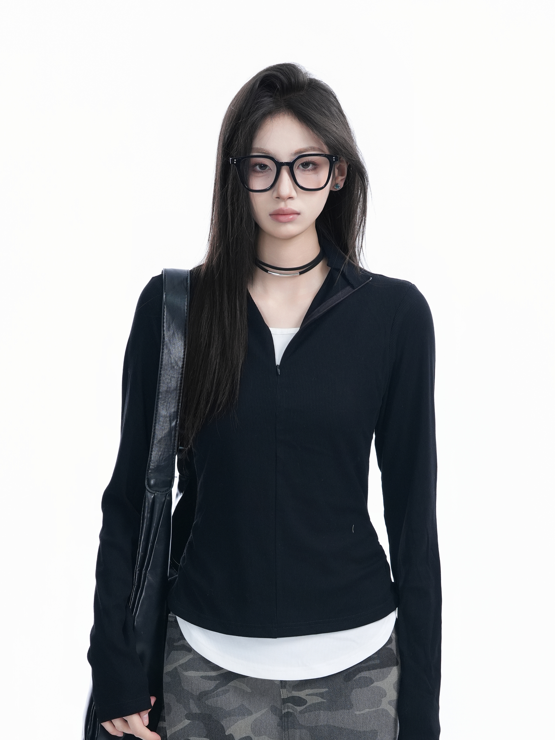 Korean Style Zipper Knitted Long Sleeve T-Shirt - Slim Fit Fake Two-Piece Design with Flattering Base for Spring Fashion