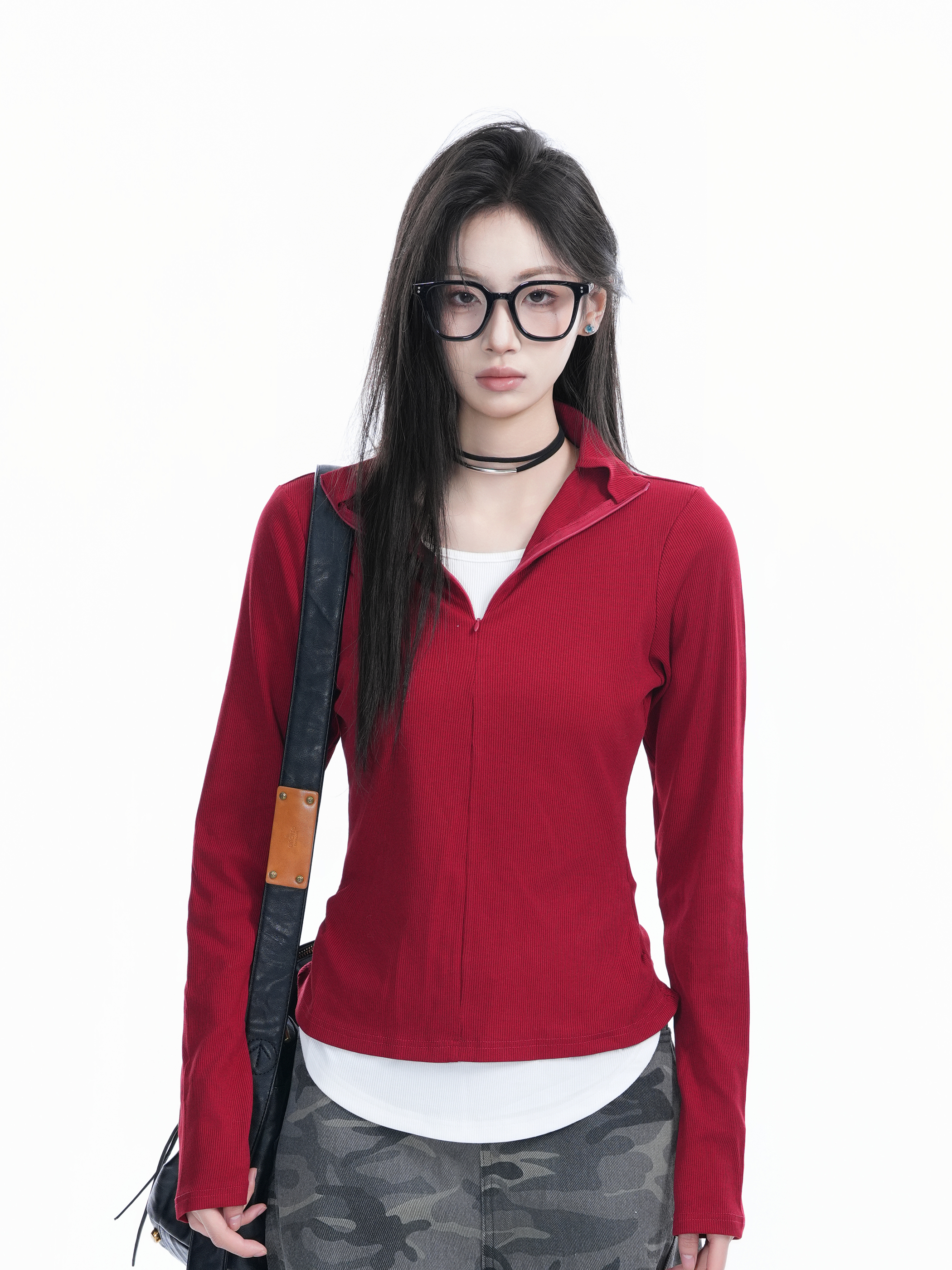Korean Style Zipper Knitted Long Sleeve T-Shirt - Slim Fit Fake Two-Piece Design with Flattering Base for Spring Fashion