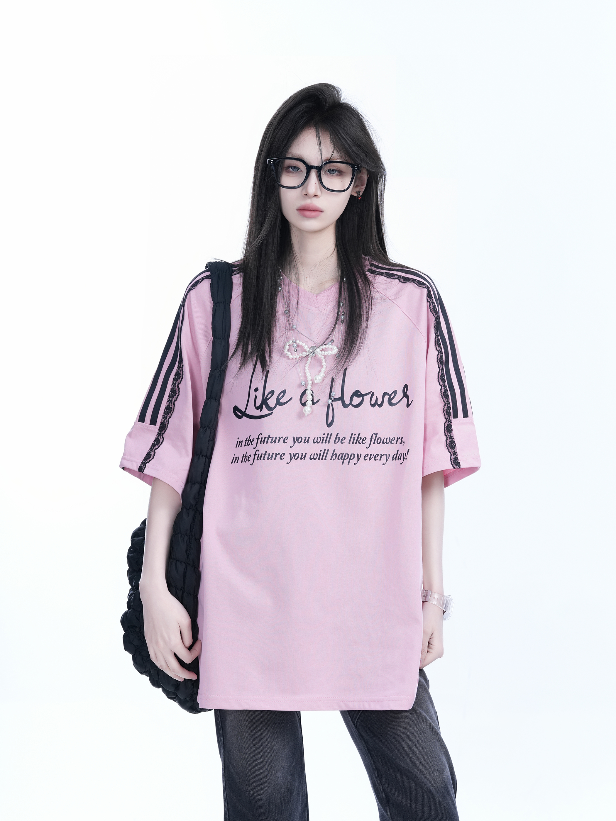Lace Splicing Pearl Bow Short Sleeve T-Shirt for Women, Loose Half Sleeve Top, Elegant 90s-Inspired Fashion