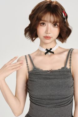 Lace-Trimmed Spicy Girl Camisole Dress for Women - Pleated Splicing, Slim-Fit, Mid-Length Summer Fashion in American Style