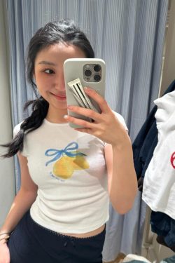 Lemon Bow Tie Printed Short Sleeve Slim Fit Cotton T-Shirt - 25SS South Korea Ins Niche Age-Reducing High-Stretch Y2K Style