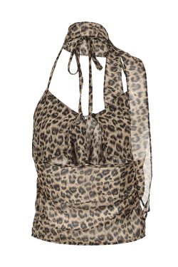 Leopard Print Halter Tie Strap Backless Crop Top with Ruffled Edge for Women - Trendy Hot Girl Party Style