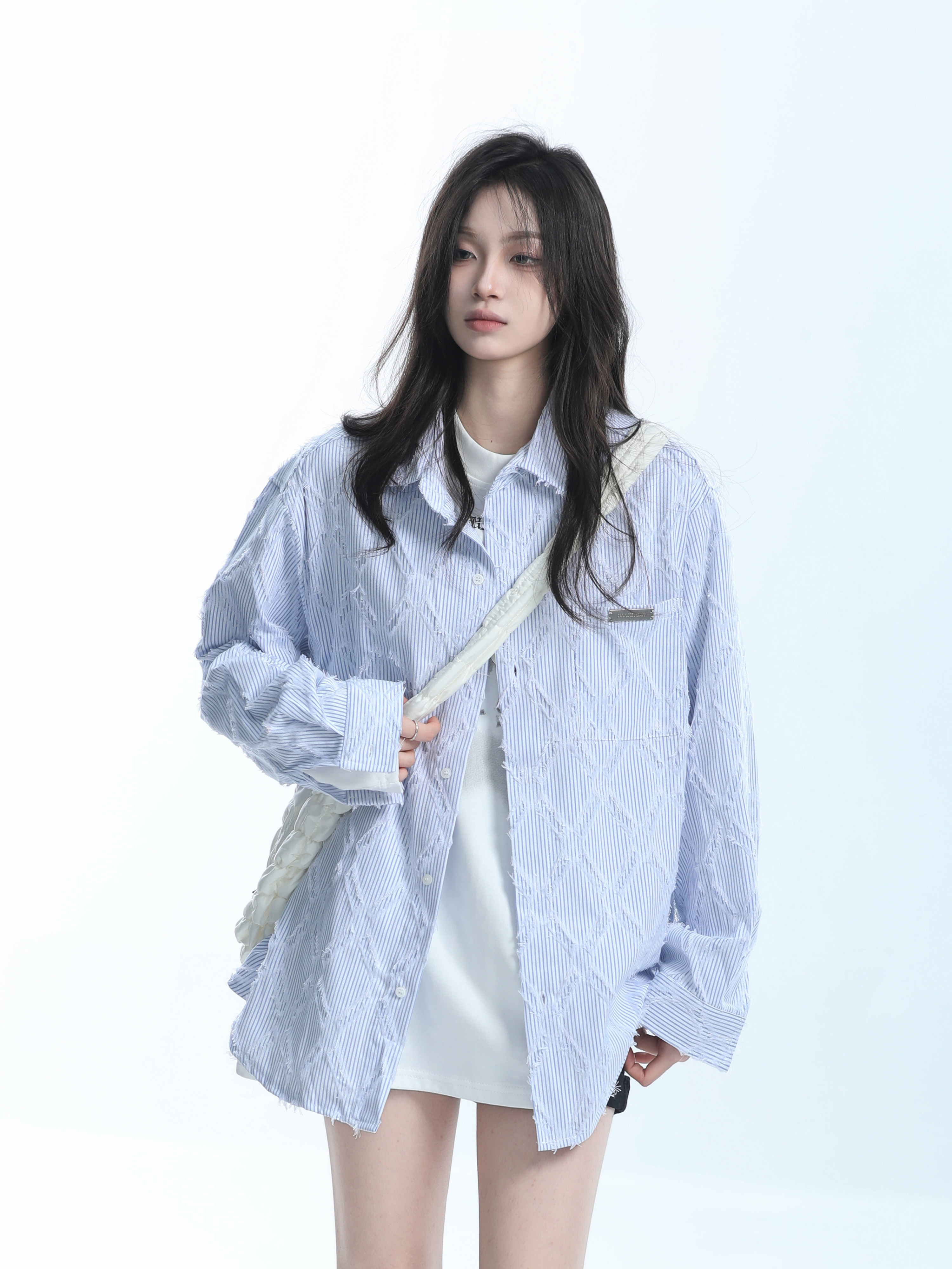 Light Blue Diamond-Patterned Brushed Long Sleeve Shirt for Women - Unique Loose Fit, Chic Casual Style