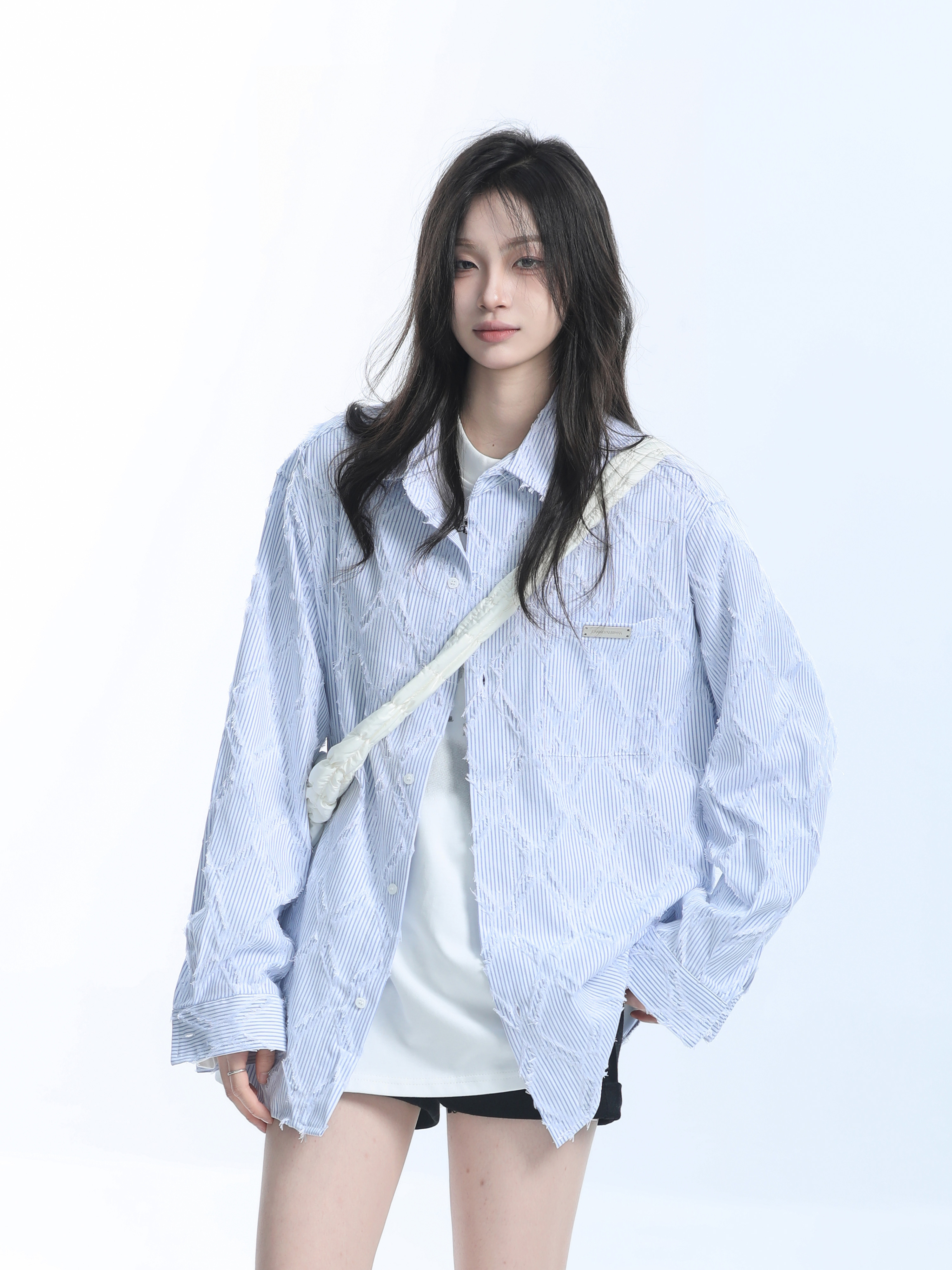 Light Blue Diamond-Patterned Brushed Long Sleeve Shirt for Women - Unique Loose Fit, Chic Casual Style