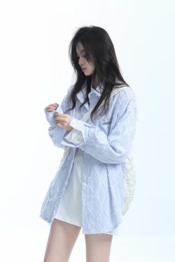 Light Blue Diamond-Patterned Brushed Long Sleeve Shirt for Women - Unique Loose Fit, Chic Casual Style
