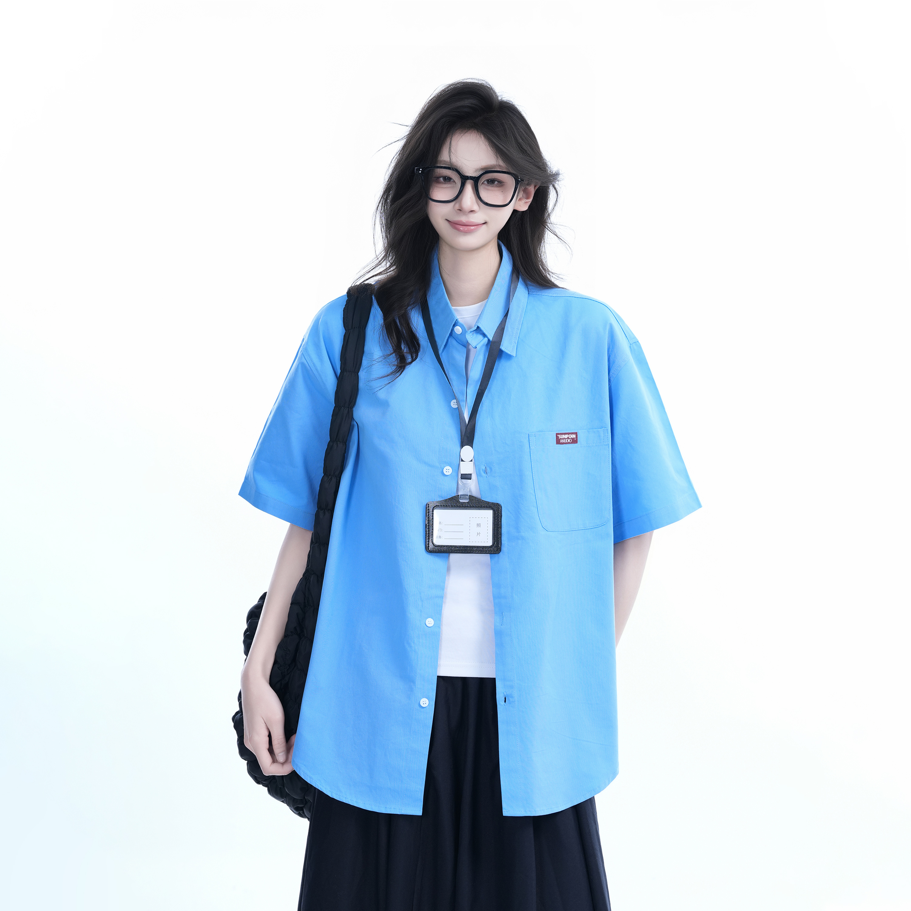 Light Blue Korean-Style Short Sleeve Shirt for Women - Summer Loose Fit Casual College Top with Quote Design