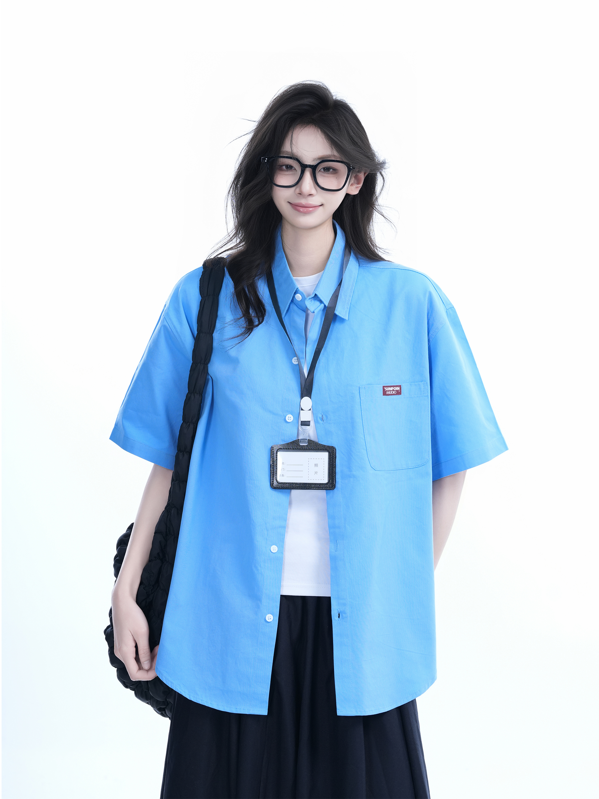 Light Blue Korean-Style Short Sleeve Shirt for Women - Summer Loose Fit Casual College Top with Quote Design