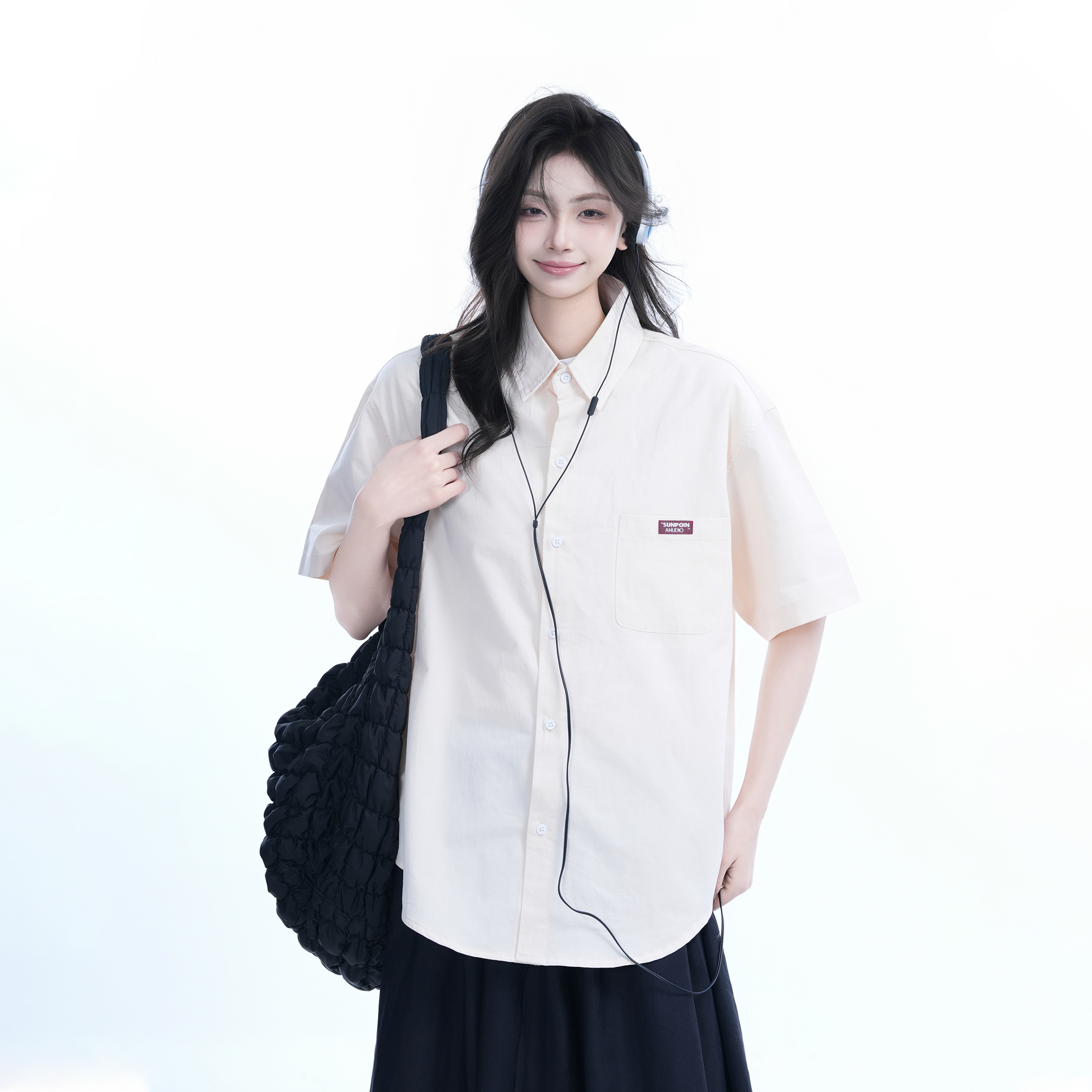 Light Blue Korean-Style Short Sleeve Shirt for Women - Summer Loose Fit Casual College Top with Quote Design