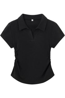 Light Gray Cropped Polo Shirt for Women - Short Sleeve, V-Neck, Slim Fit, Waist-Cinching Summer Top, Flattering Style