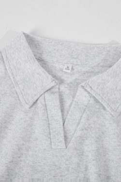 Light Gray Cropped Polo Shirt for Women - Short Sleeve, V-Neck, Slim Fit, Waist-Cinching Summer Top, Flattering Style