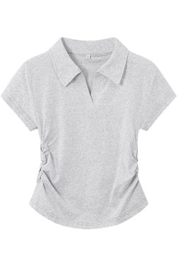 Light Gray Cropped Polo Shirt for Women - Short Sleeve, V-Neck, Slim Fit, Waist-Cinching Summer Top, Flattering Style