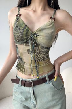 Lightweight Round Neck Mesh Vest for Women with Exotic Pleated Bust Design - Slimming Effect, Jungle Totem Style, Perfect for Summer Fashion