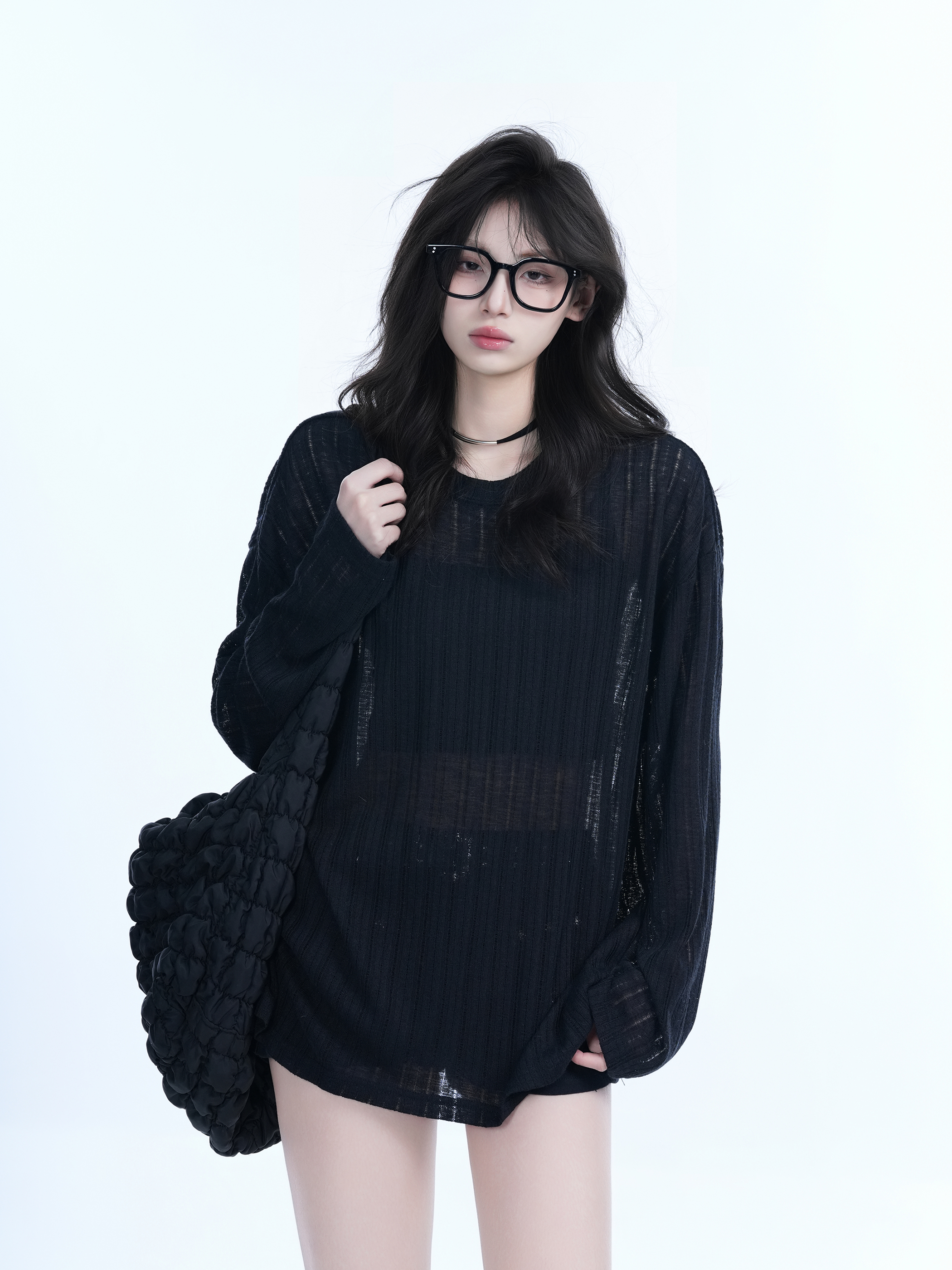 Lightweight Sheer Black Long-Sleeve Cover-Up for Women - American Retro Spring Loose Knit Top