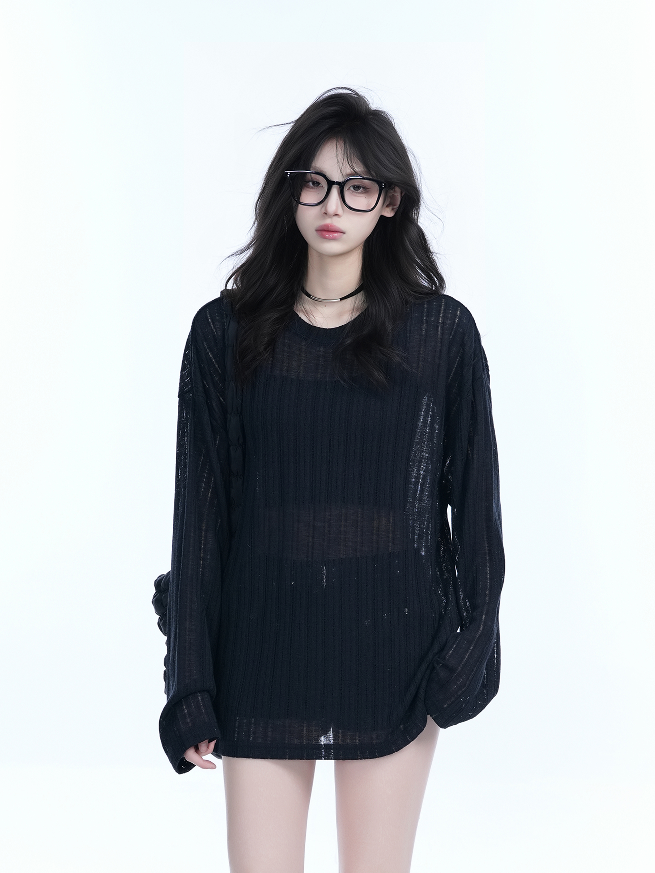 Lightweight Sheer Black Long-Sleeve Cover-Up for Women - American Retro Spring Loose Knit Top
