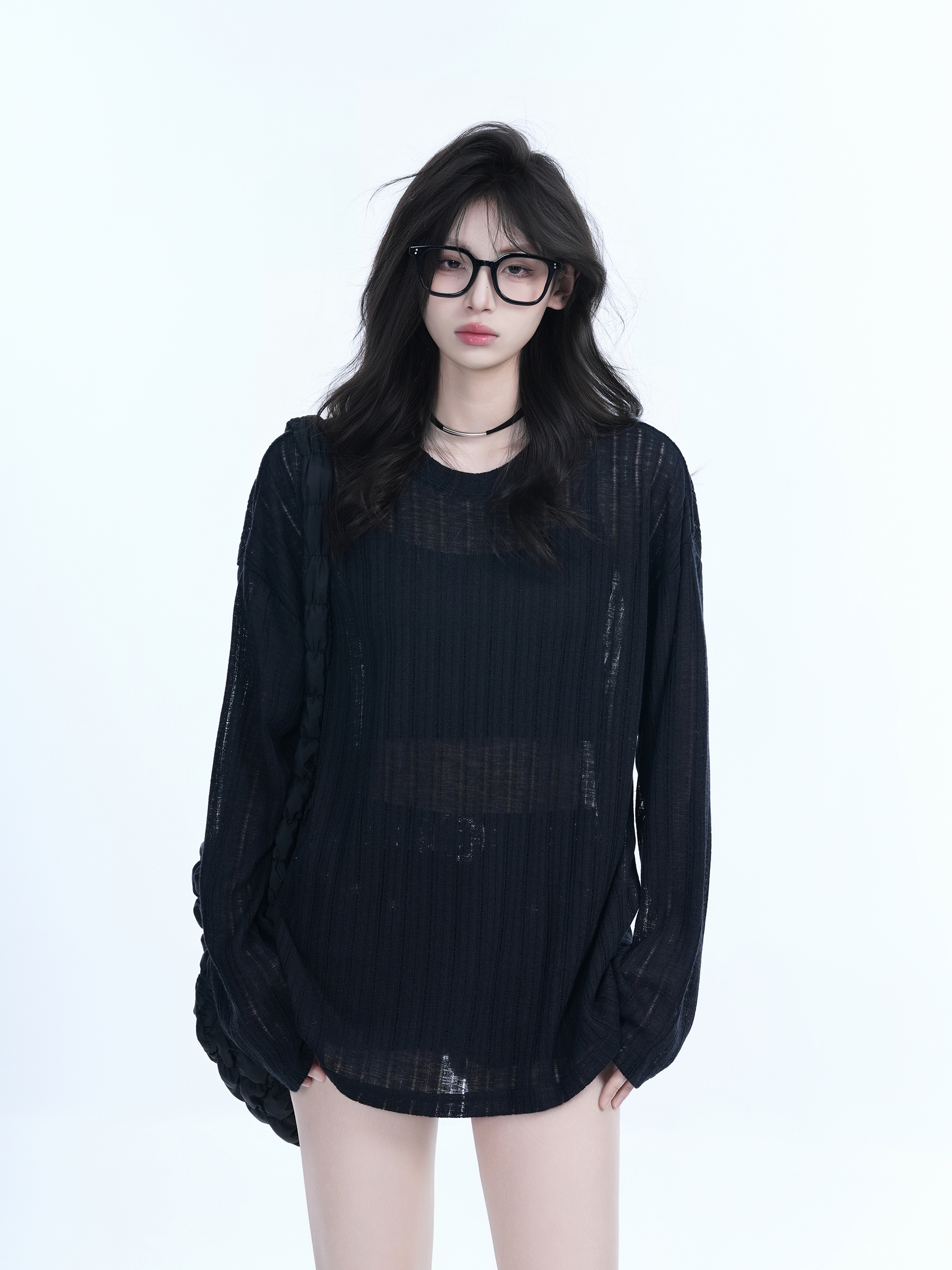 Lightweight Sheer Black Long-Sleeve Cover-Up for Women - American Retro Spring Loose Knit Top