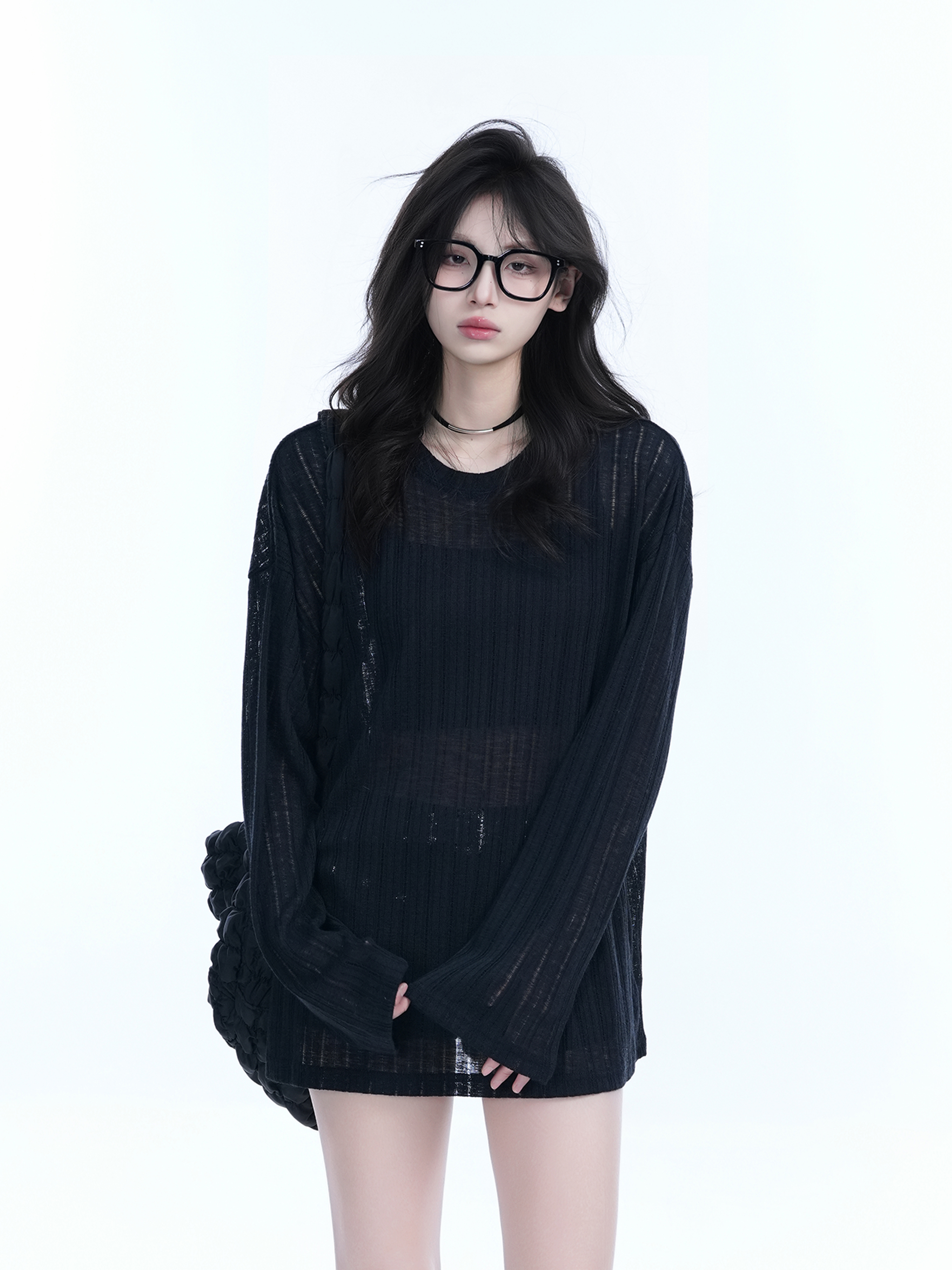 Lightweight Sheer Black Long-Sleeve Cover-Up for Women - American Retro Spring Loose Knit Top