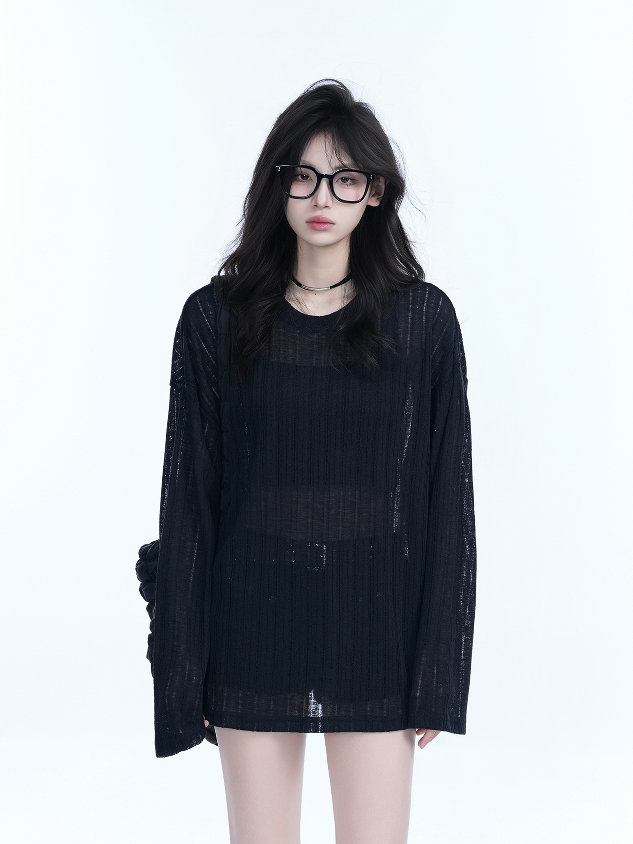 Lightweight Sheer Black Long-Sleeve Cover-Up for Women - American Retro Spring Loose Knit Top