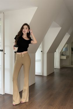 Lightweight Summer Khaki Flared Pants for Tall Women - Mid-Low Waist, Elastic Slim-Fit, American Style