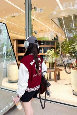 Limited Edition Vintage Letter Spliced Baseball Jacket for Women - Hip-Hop Loose Fit Short Coat, Perfect for 90s and Y2K Styles