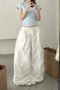 Loose-Fit Elastic Waist Parachute Cargo Pants for Women - Wide-Leg, Wrinkled, Floor-Length, Casual Sports Style