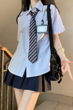 Loose Short Sleeve Blue Striped Shirt Top for Women - Pudding Bear Inspired JK Style Summer Fashion 2024