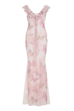 Low-Neck Fitted Butterfly Long Dress for Women - Rose Valley Vacation Style with Mesh Splicing, Perfect for Summer and Y2K Fashion