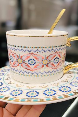 Luxury European-Style Mosaic Gilded Coffee Cup and Saucer Set with Spoon - Elegant Ceramic Afternoon Tea Tableware