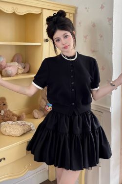 Luxury Thousand Gold Slimming Waist Contrast Color Fake Two-Piece Short Sleeve Cardigan Jacket with Puff Skirt for Women